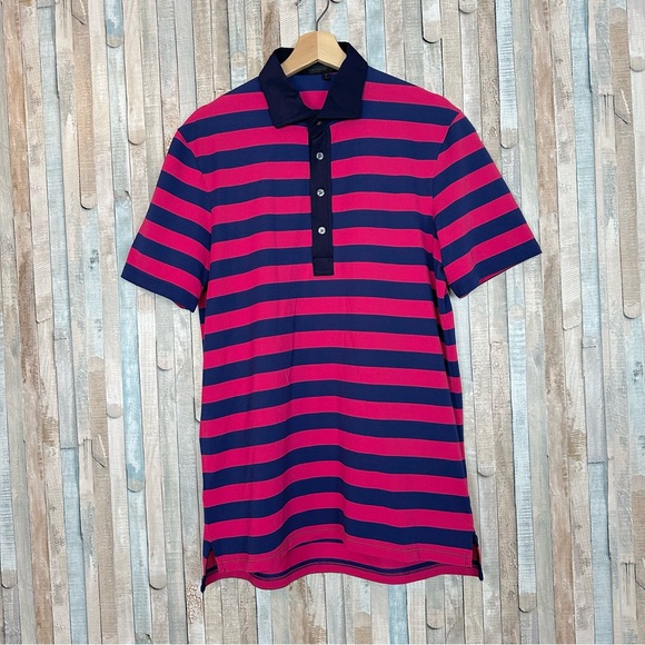 Greyson M Pink & Navy Stripe Pima Cotton Golf Polo Shirt Top Contrast Collar - Picture 2 of 8